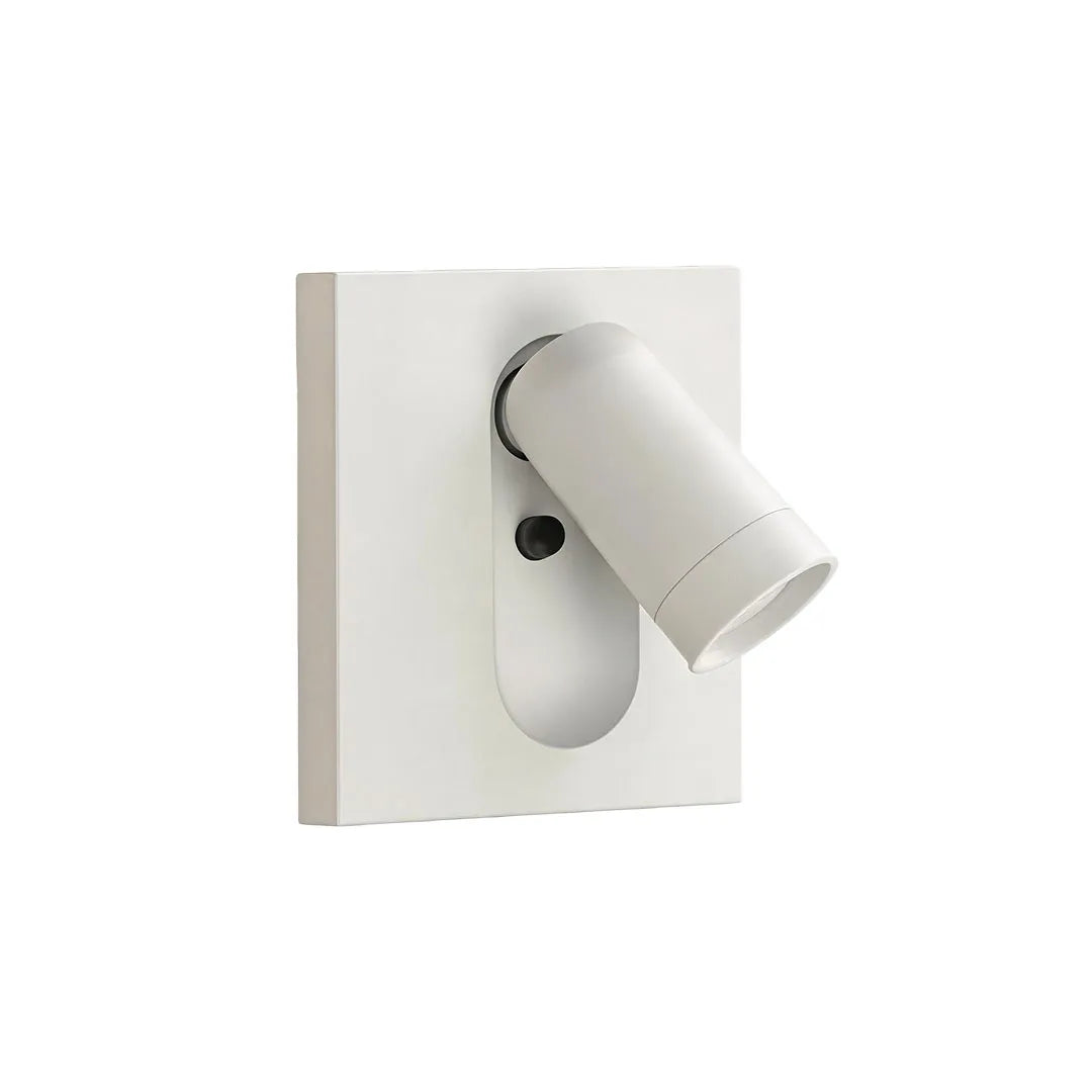 White wall mounted LED reading light with an adjustable head and minimalist square backplate.