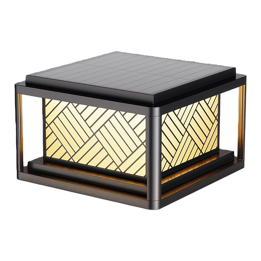 Wide outdoor pillar LED light with matte black finish and golden accent details.