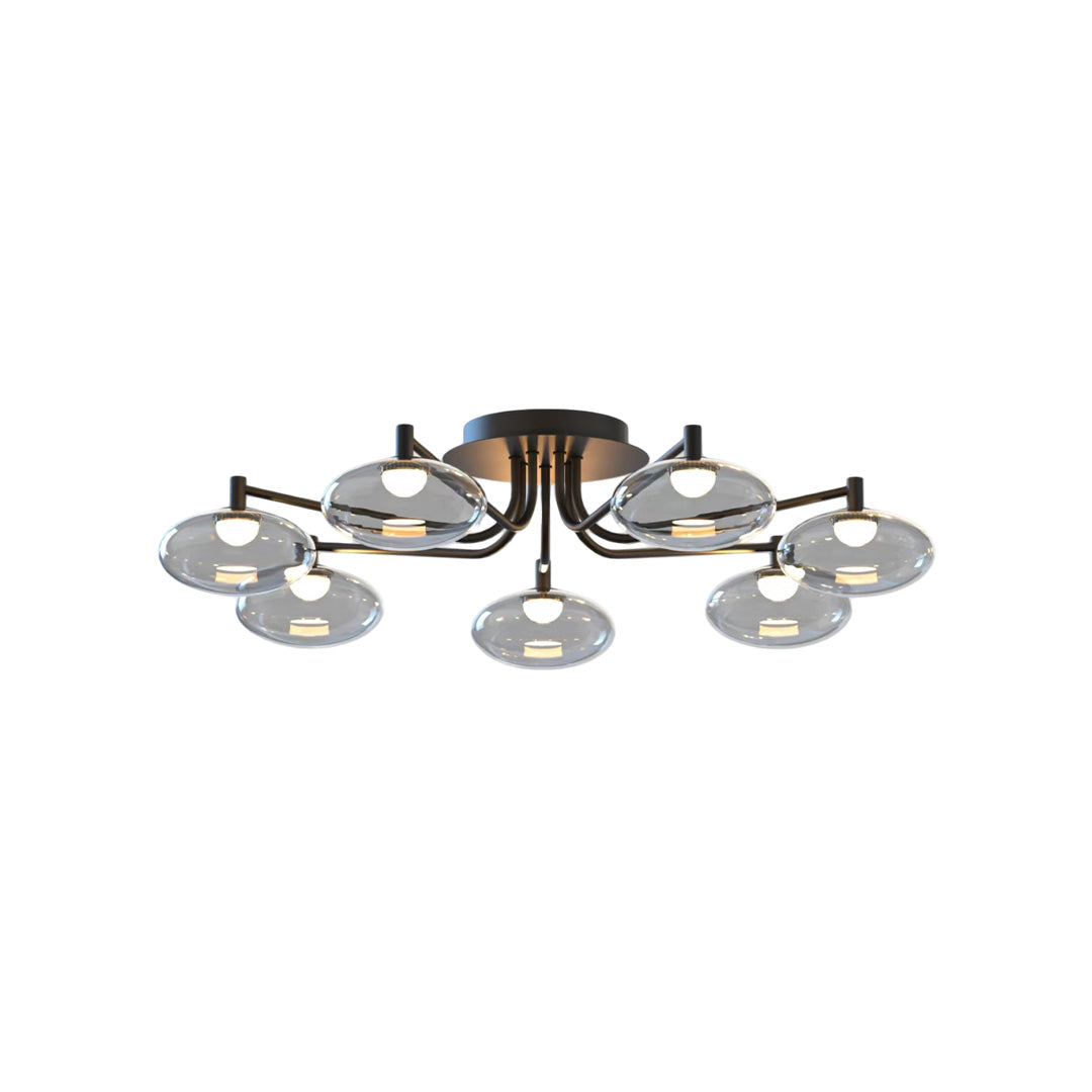 Wide glass flush mount lighting fixture with multiple clear globe bulbs and balanced layout.