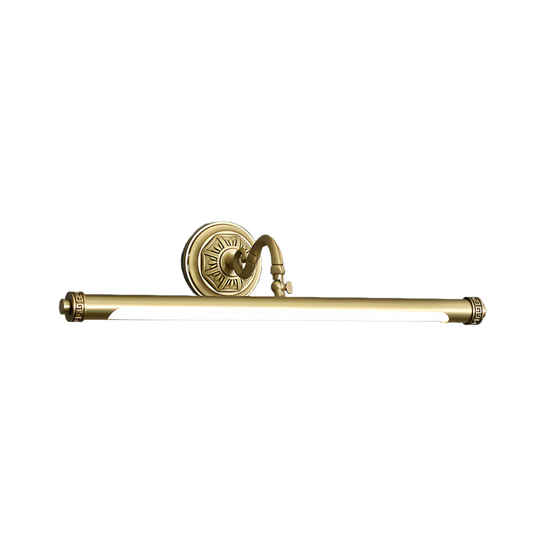Wide gold bathroom vanity light with elaborate decorative base and extended bar design