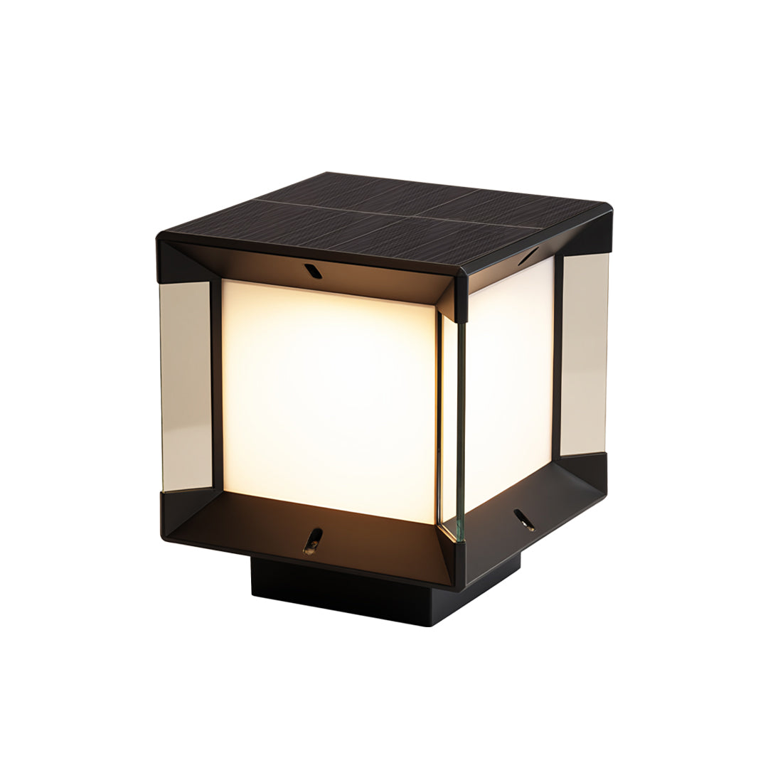 Pillar lights outdoor modern with wide frosted panels and square top.