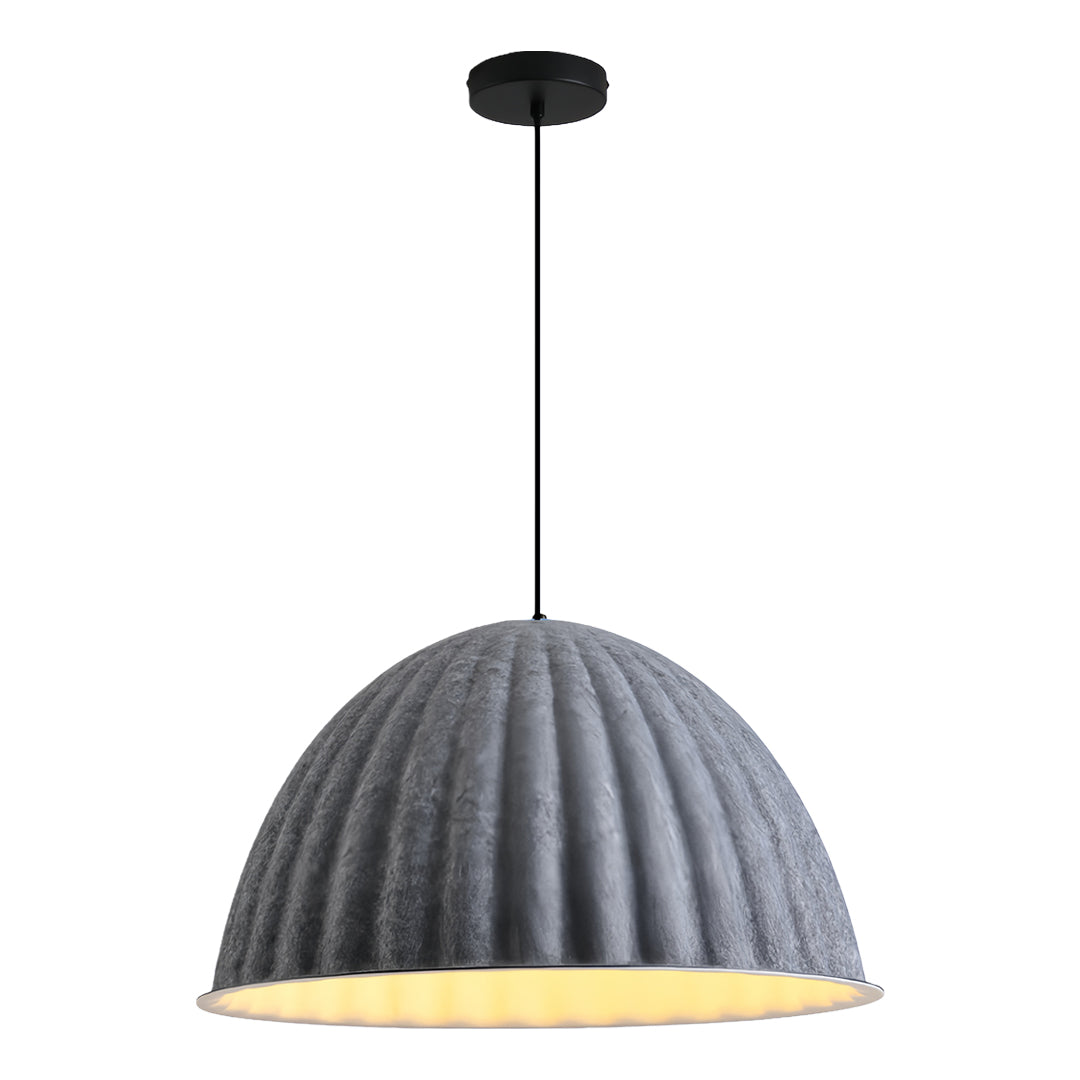 Studio shot showcasing the wide, semi-dome shape of the gray pendant light with a black ceiling mount and cord.