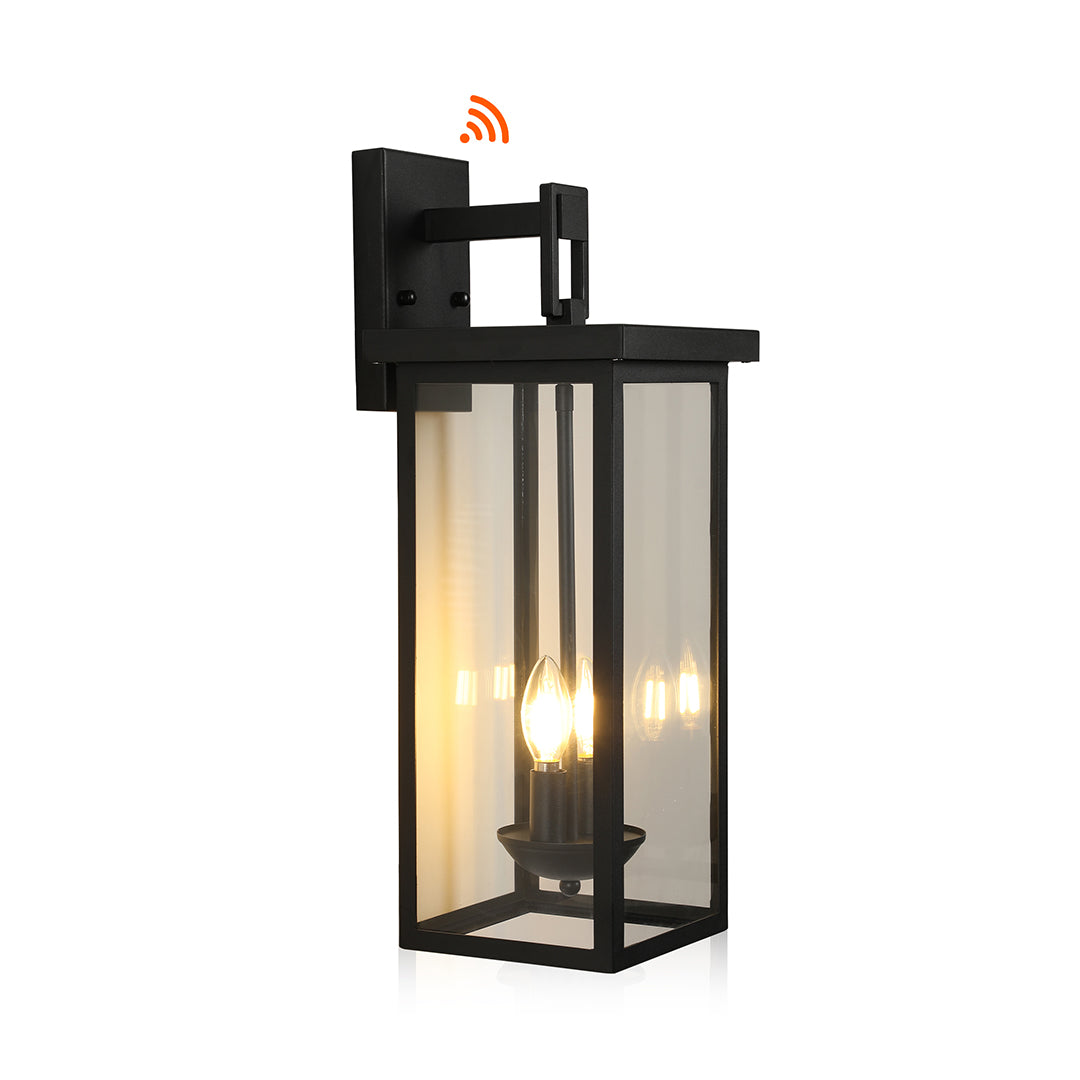 Black external wall light with WiFi control feature, combining traditional lantern style with smart technology.