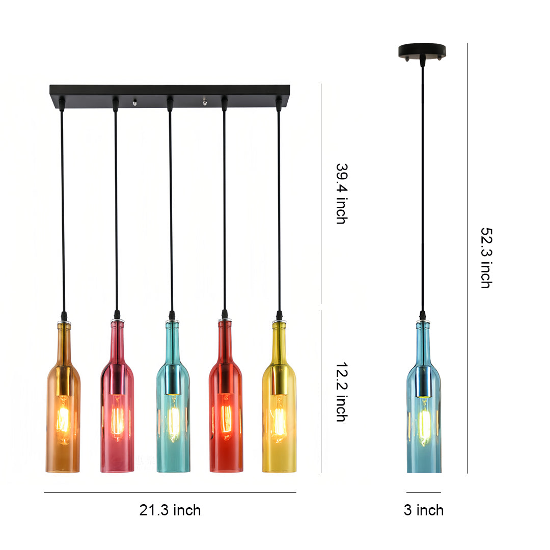 Colorful wine bottle pendant lights featuring multi-colored glass bottles suspended from black linear canopy