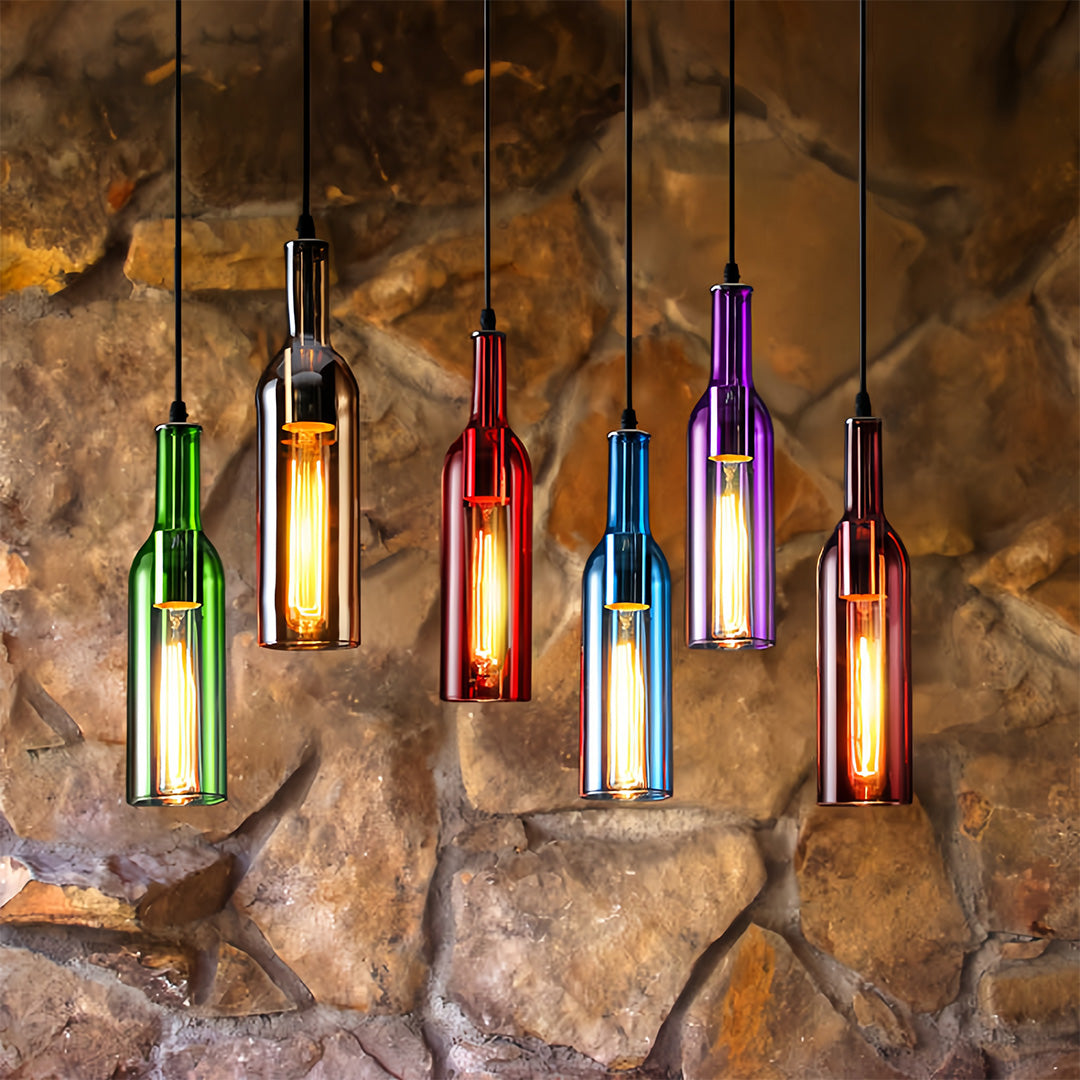 Wine bottle pendant lights creating rustic ambiance against exposed brick wall background