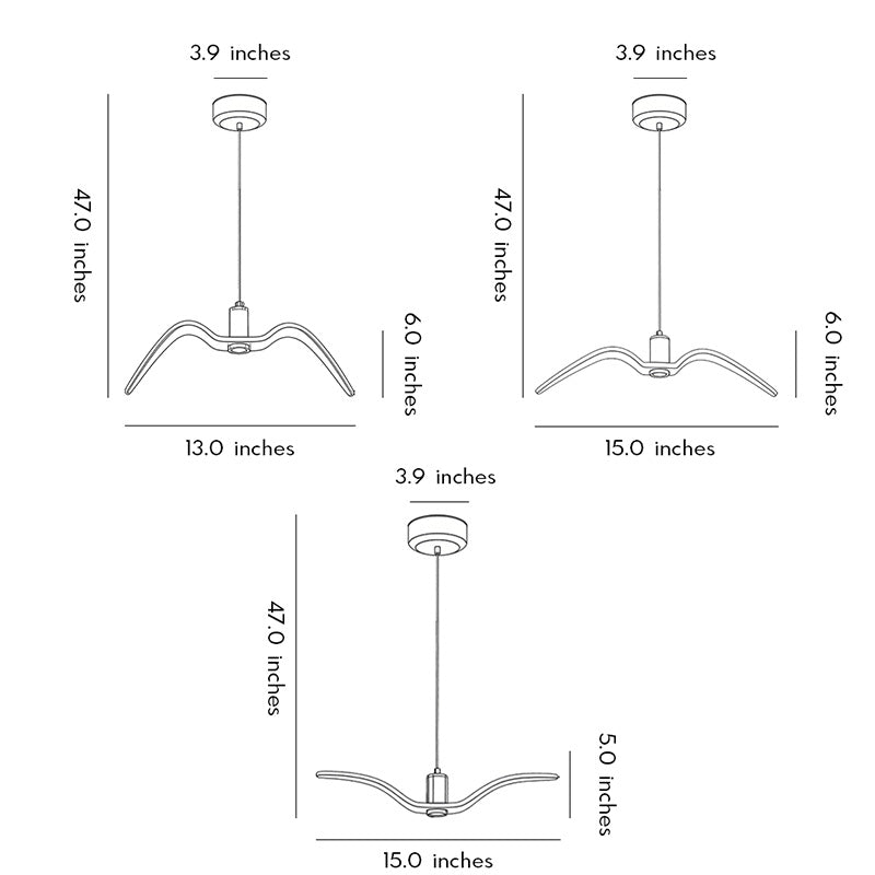 Wing pendant light dimension drawing with width and height measurements.