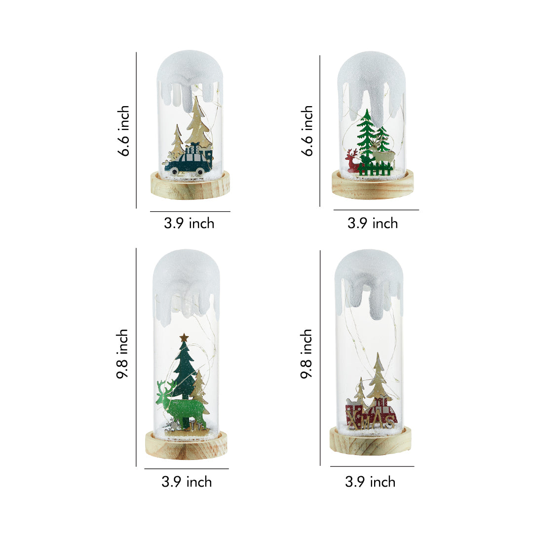 Winter village scene dome light featuring trees and cabin details, styled as a festive white glass table lamp.