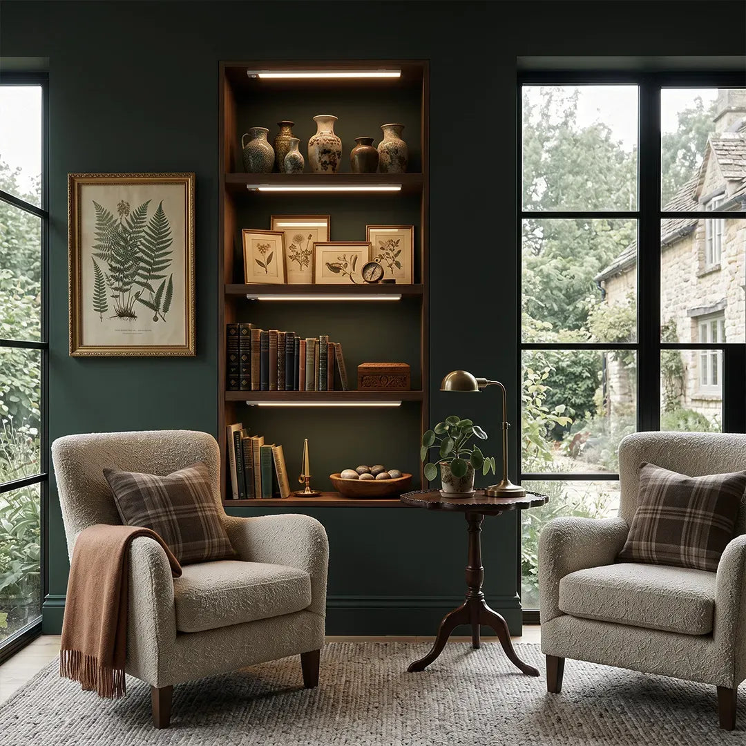 Wireless under cabinet lighting mounted beneath dark built-in shelves, casting a warm glow over books and decorative accents in a cozy reading nook.