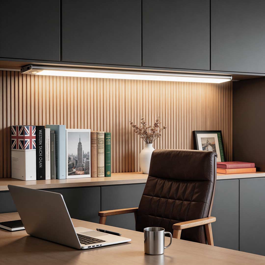 Wireless under cabinet lighting illuminating a modern kitchen workspace with warm ambient glow.