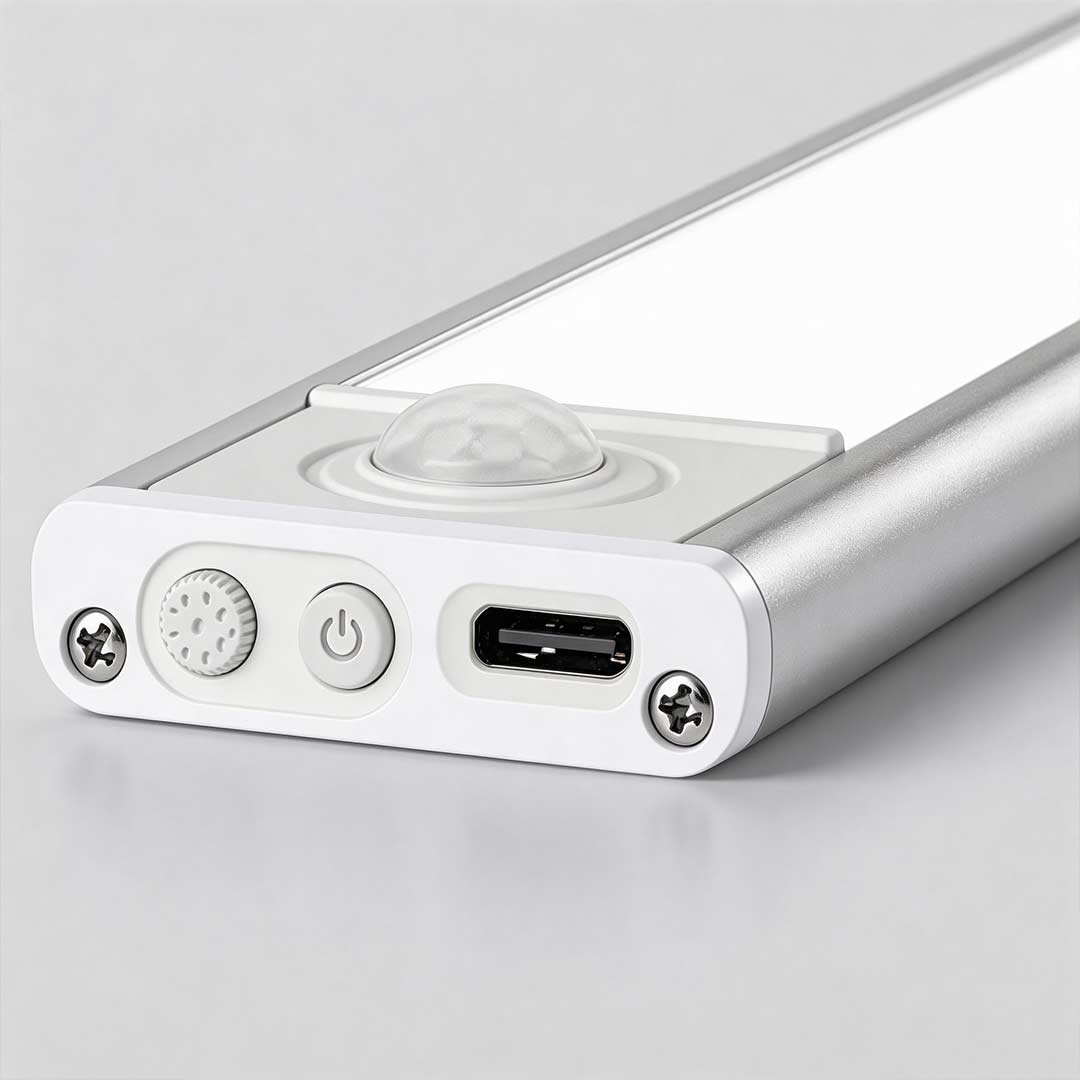 Wireless under cabinet lighting with close up of power button and USB port.