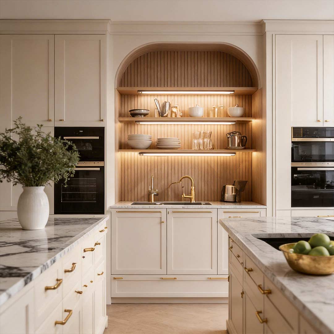 Wireless under cabinet lighting providing soft illumination for a stylish kitchen countertop.
