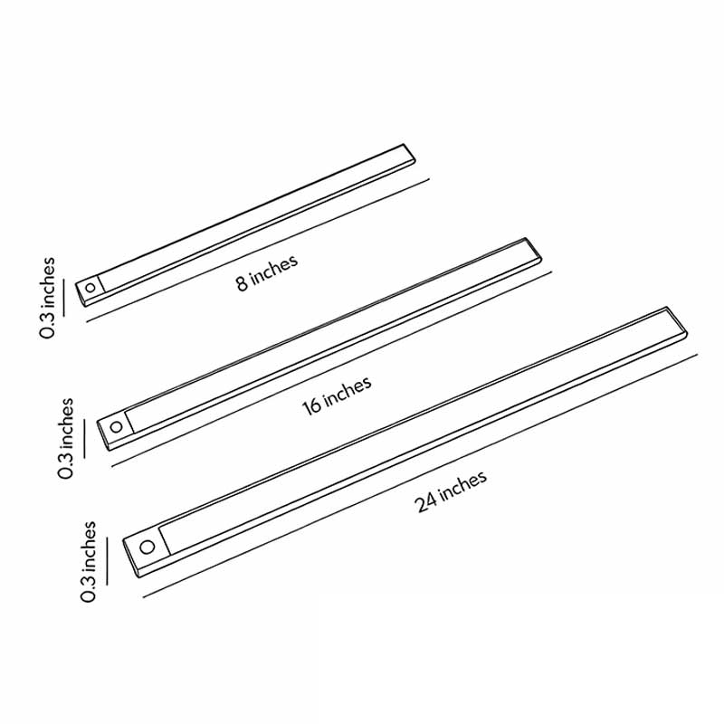 Technical diagram showing dimensions and structure of wireless under cabinet lighting models.