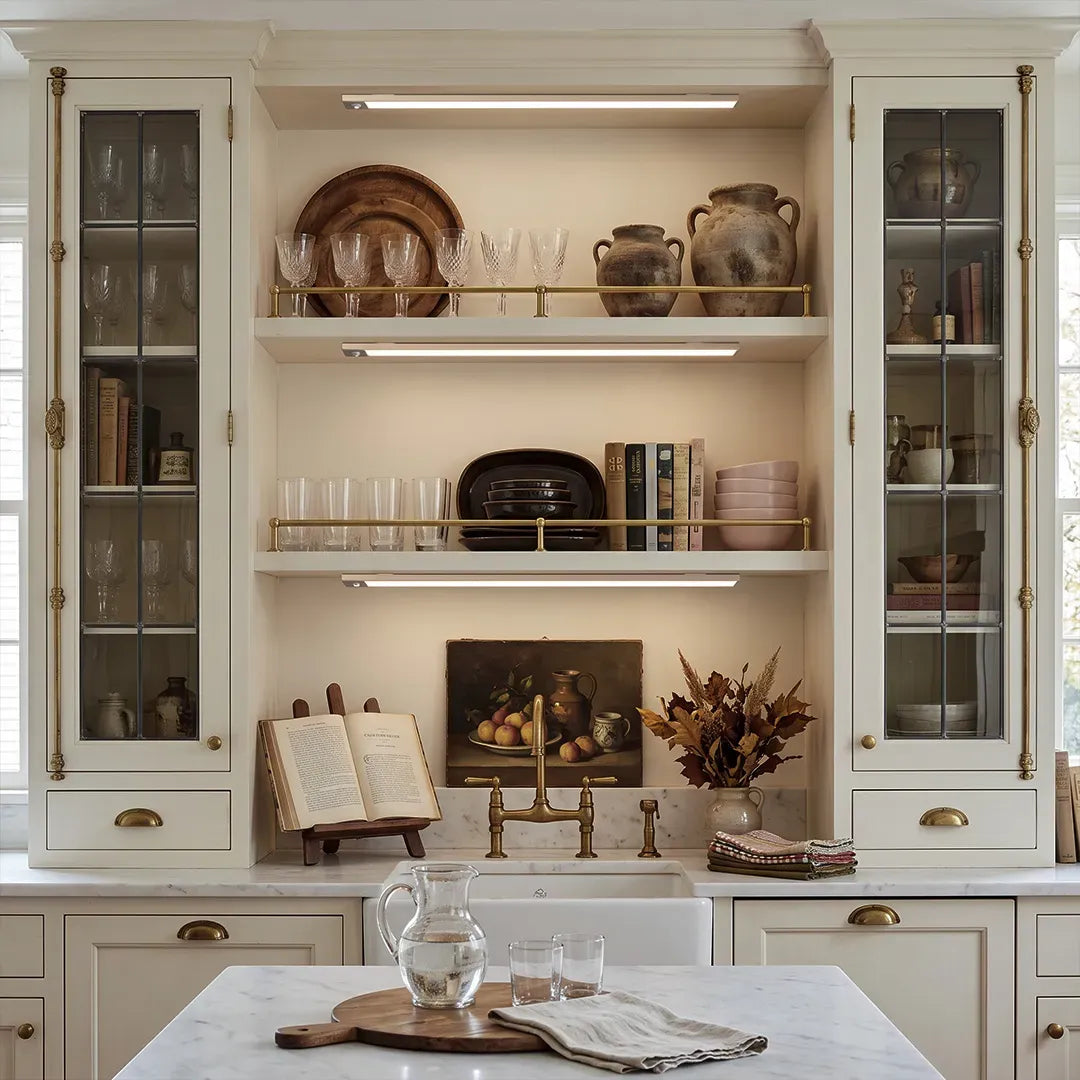 Wireless under cabinet lighting installed beneath white built-in display shelves, softly illuminating the countertop and decorative kitchen storage.