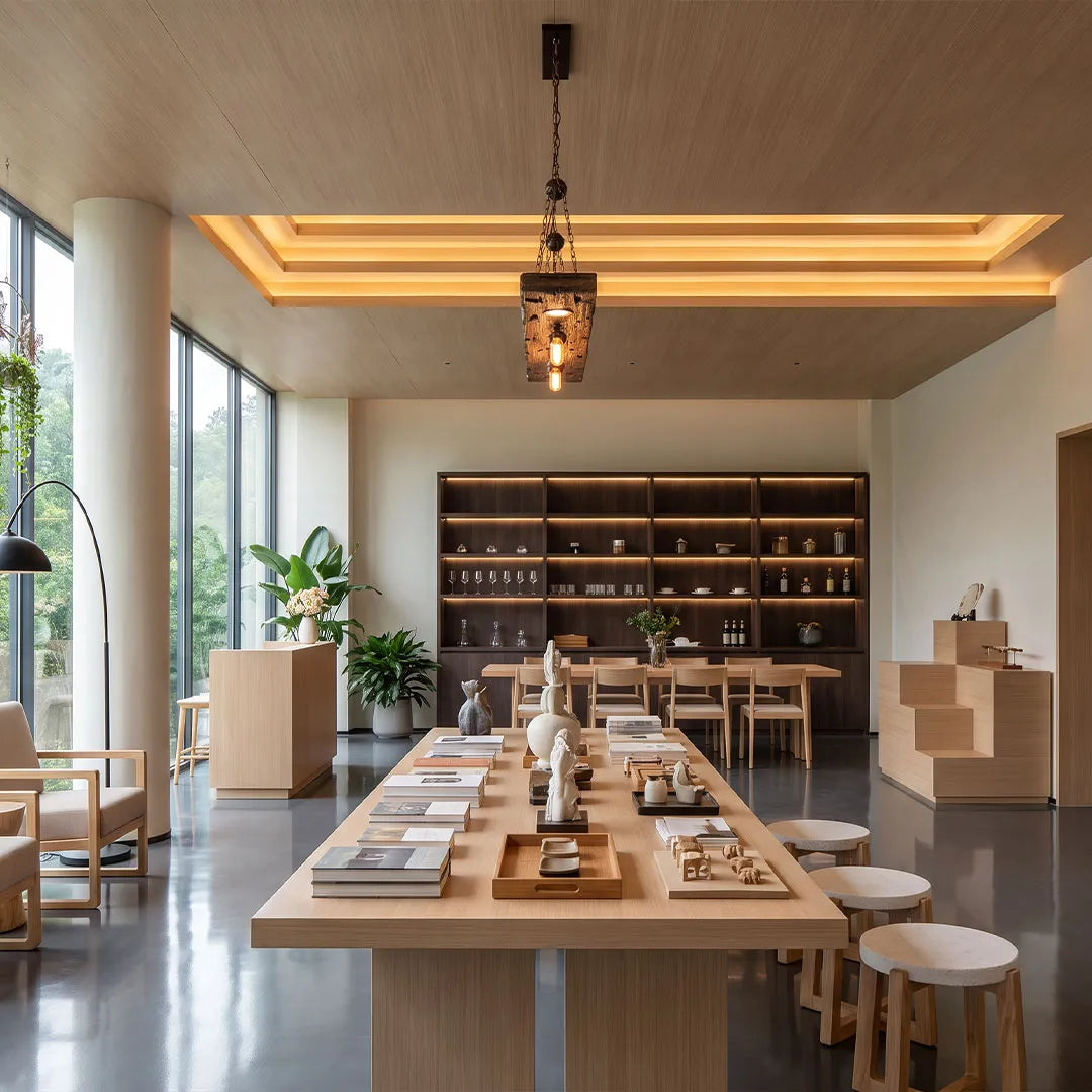 Wood and metal chandelier hanging above a dining table with warm ambient light and industrial styling.