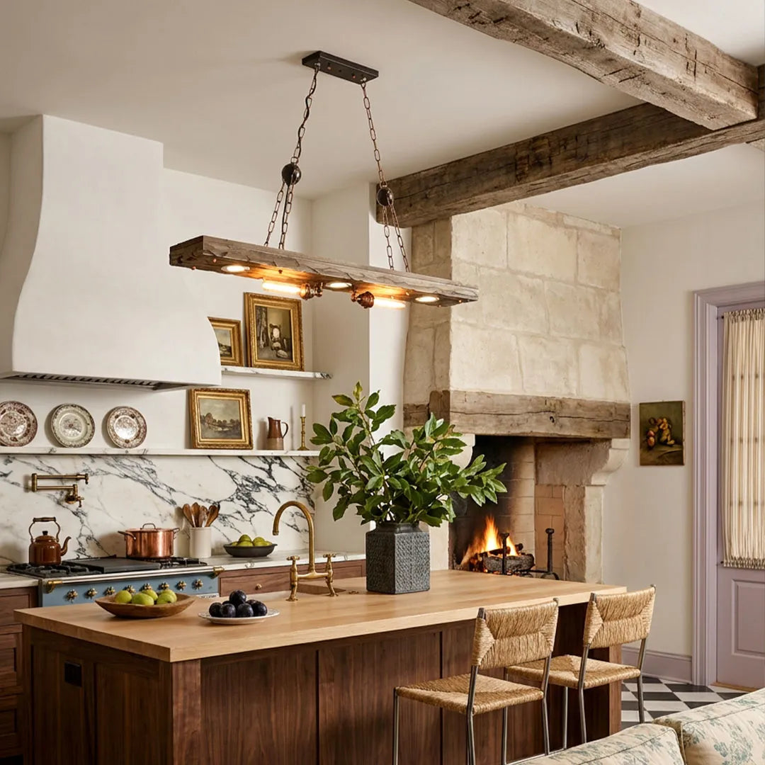Wood and metal chandelier installed in a farmhouse kitchen with natural wood and dark metal accents.
