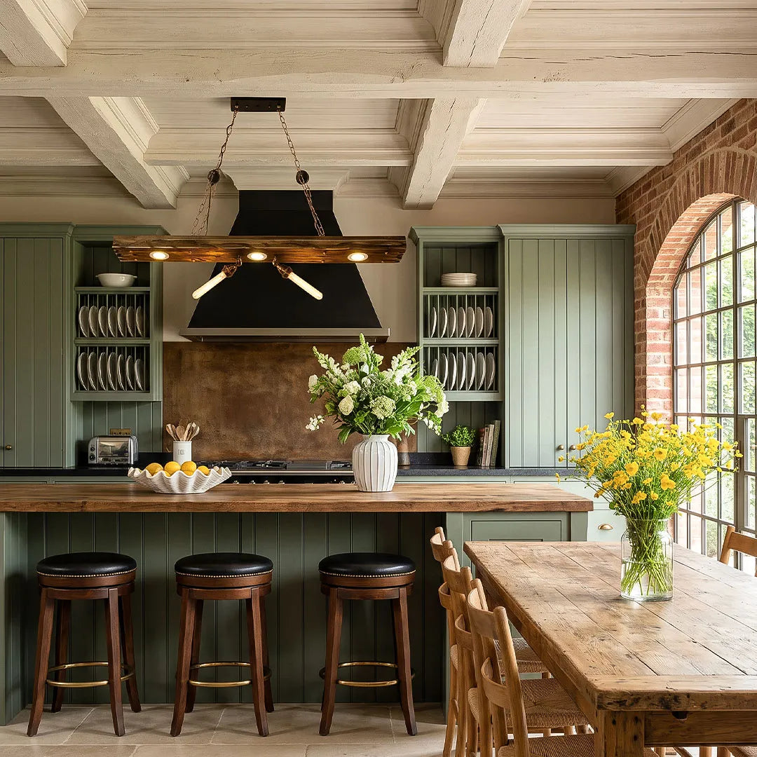 Wood and metal chandelier installed above a kitchen island with a long rustic wood beam frame.