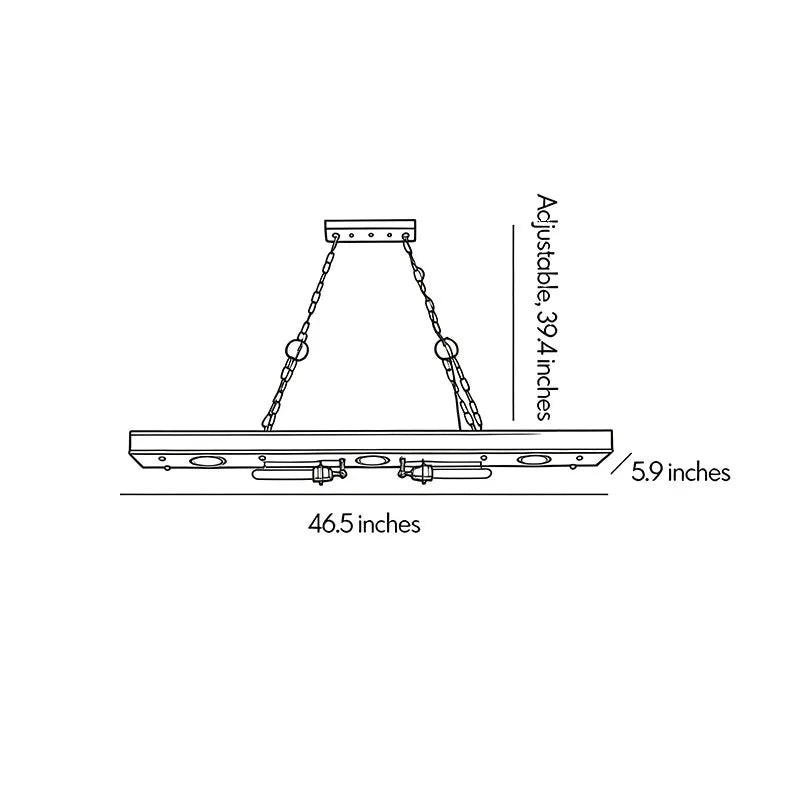 Wood and metal chandelier dimensions drawing showing fixture width, height, and chain suspension measurements.