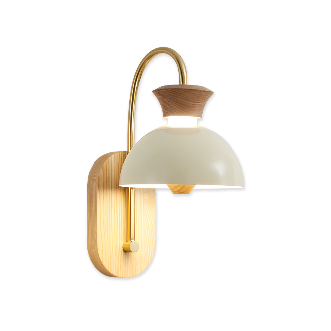 Solar lights outdoor wall featuring a light wood backplate and dome-shaped shade.