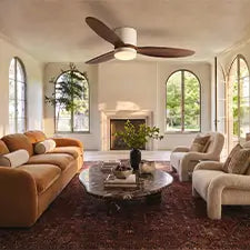 Wood ceiling fan with light in a modern living room