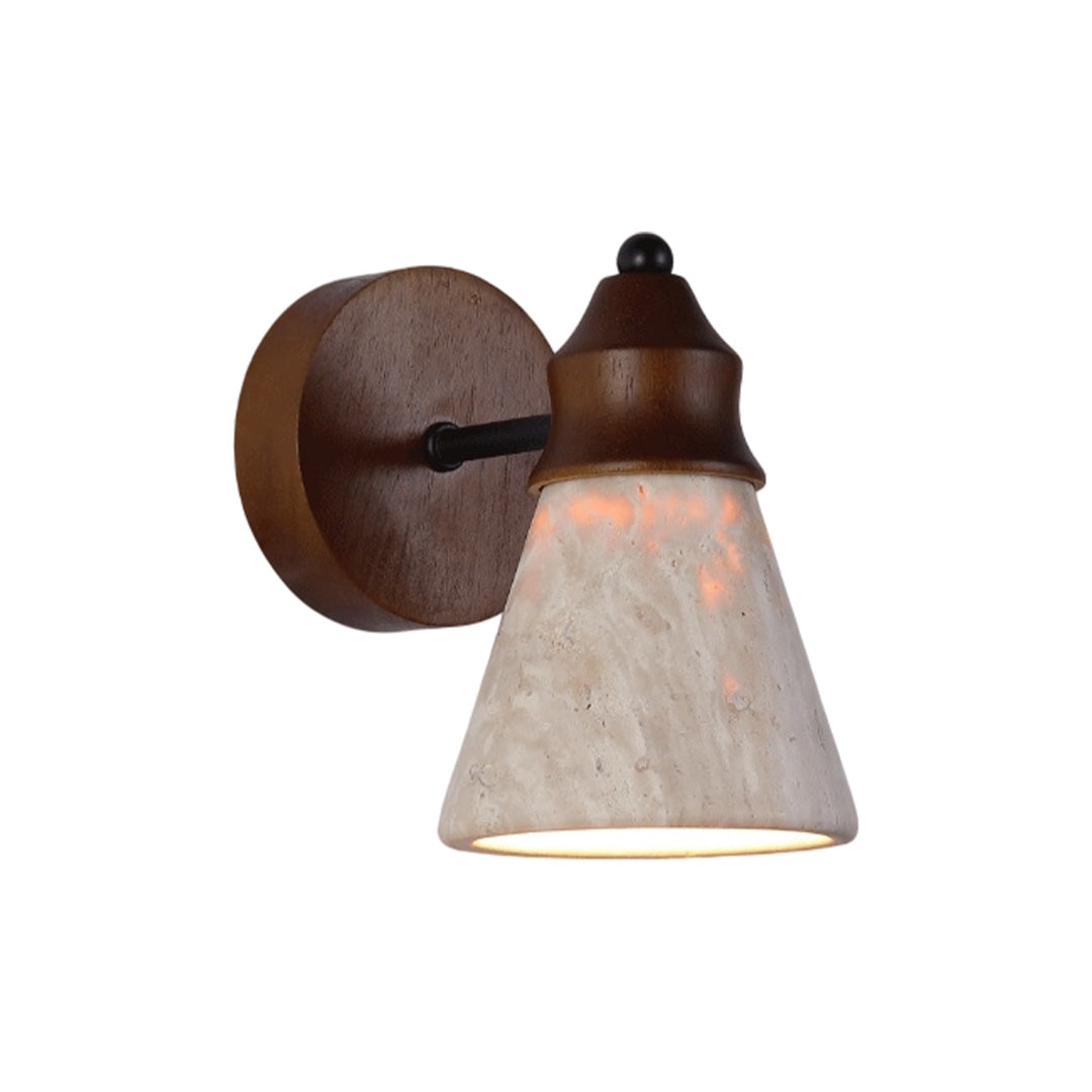 Down light wall sconce with a dark wood backplate and tapered stone shade on white background.