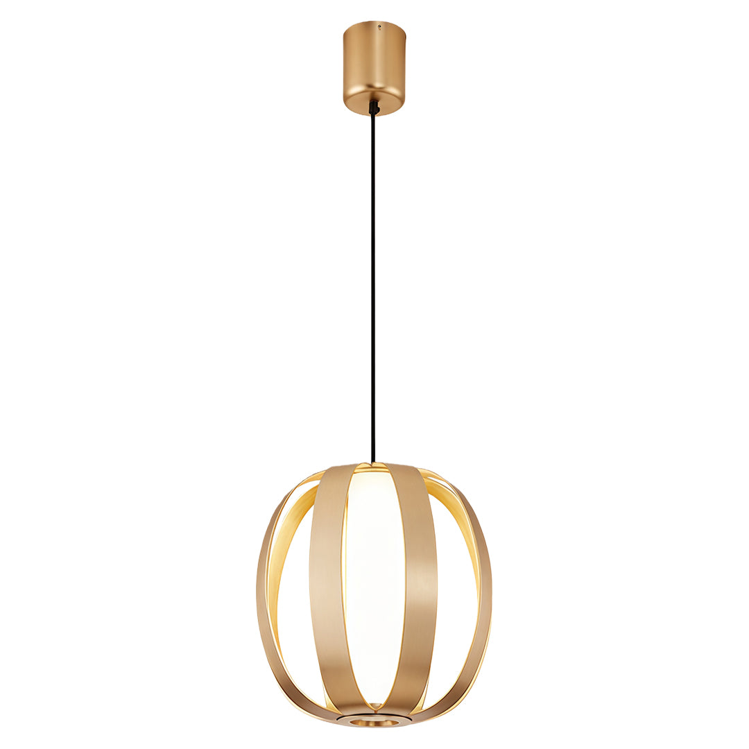 Wood finish lantern pendant light featuring curved vertical panels in warm natural tone.