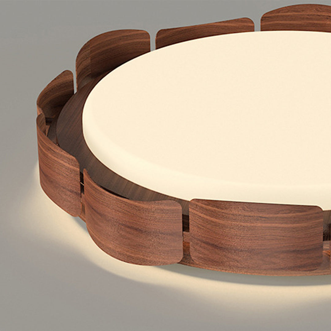 Close-up detail of wood-framed glass shade chandelier showing LED ceiling light construction