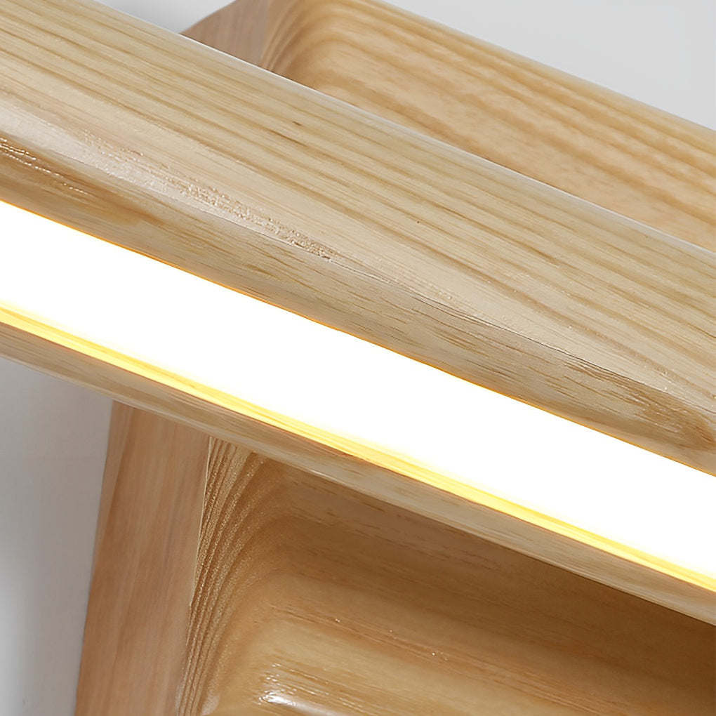 Close-up detail of natural wood grain and integrated LED strip lighting.