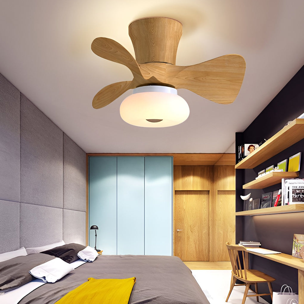Wood grain macaron ceiling fan with light in warm interior space.