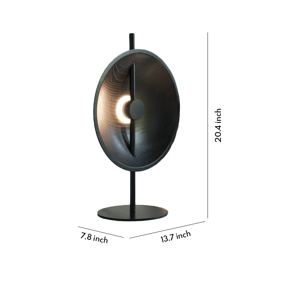 Wood modern table lamp dimensions chart showing height and base size.
