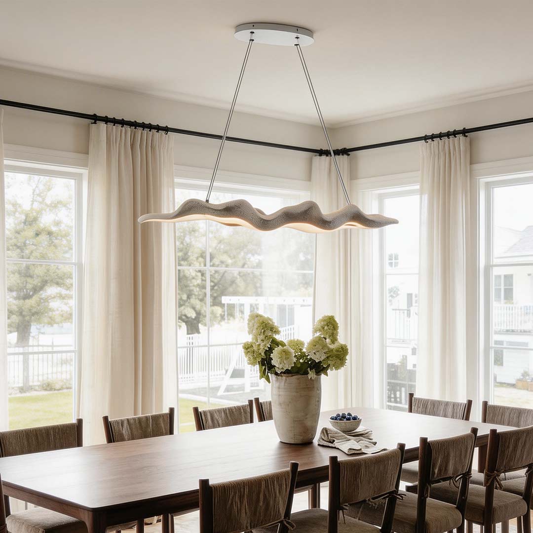 Wood pendant light chandelier wave with a close-up of its elegant wooden wave structure.