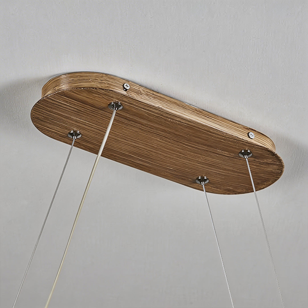 Wood pendant light chandelier wave, enhancing a minimalist interior with soft illumination.
