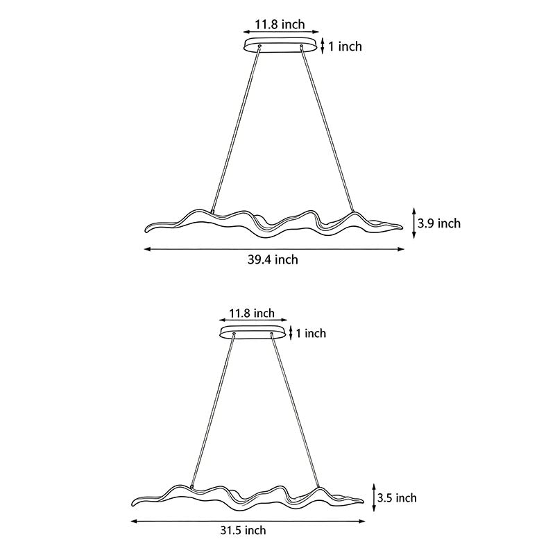 Technical diagram showing dimensions and structure of wood pendant light chandelier wave models.