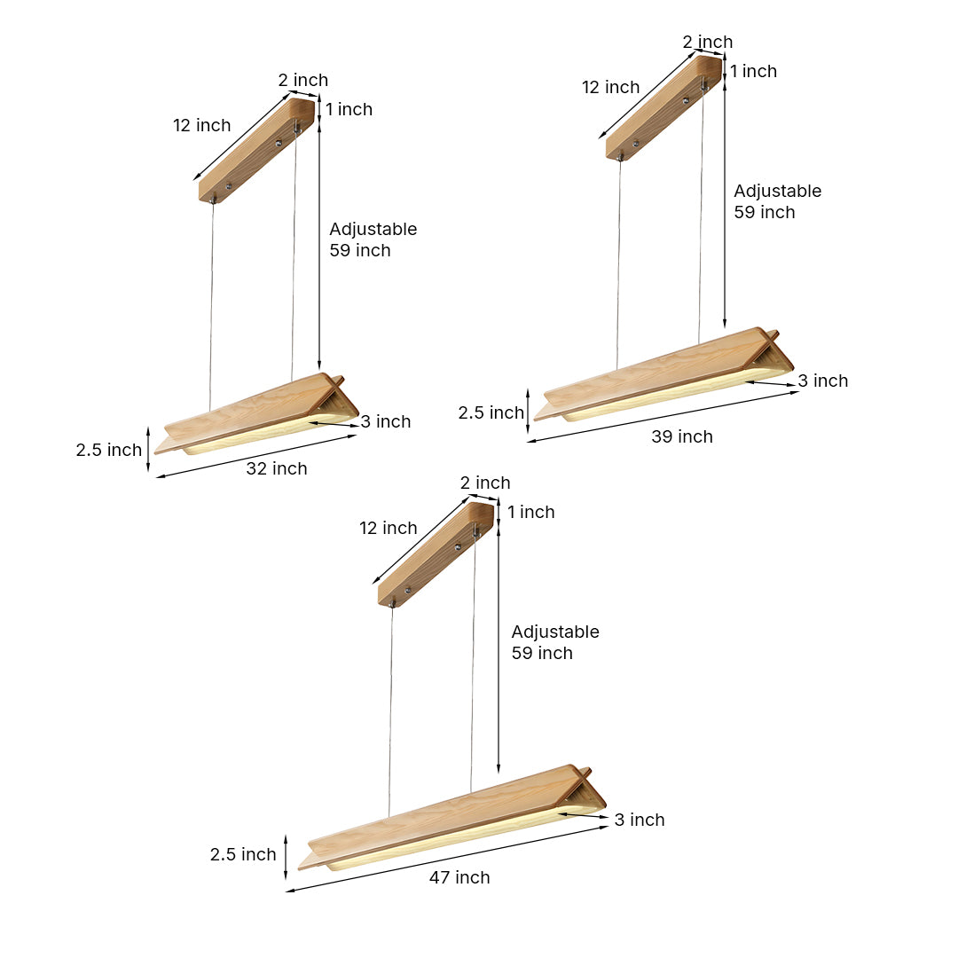 Wood pendant lights dimensions and installation guide, modern linear design illustration