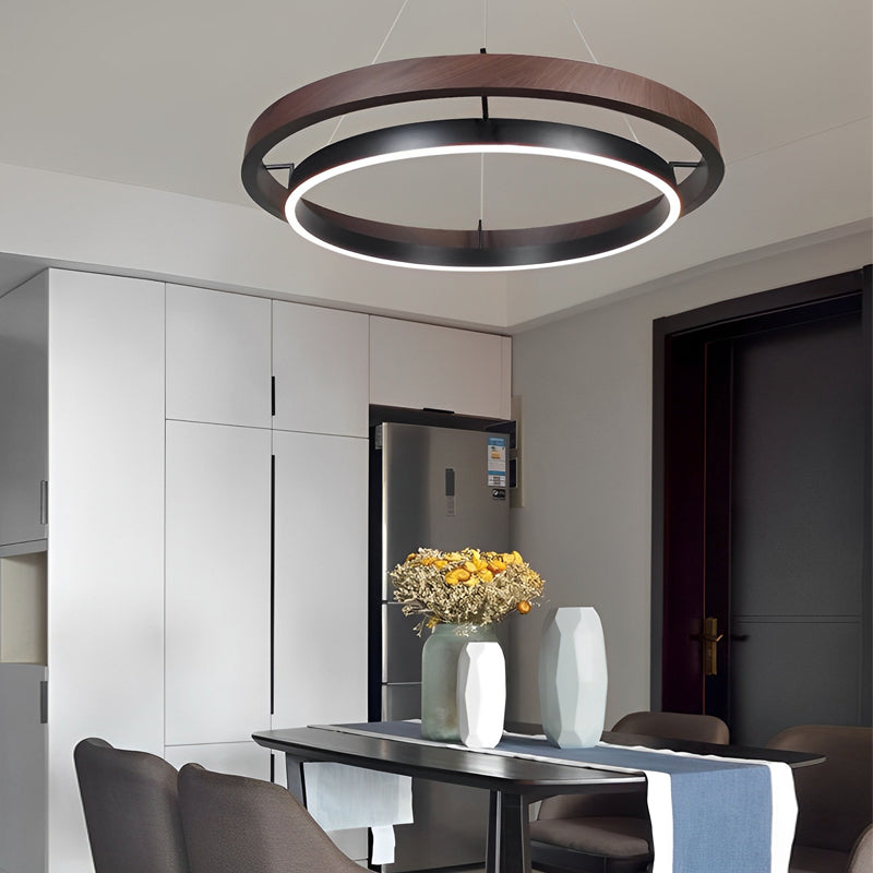 Wood ring pendant light with a close-up of its layered wooden rings.