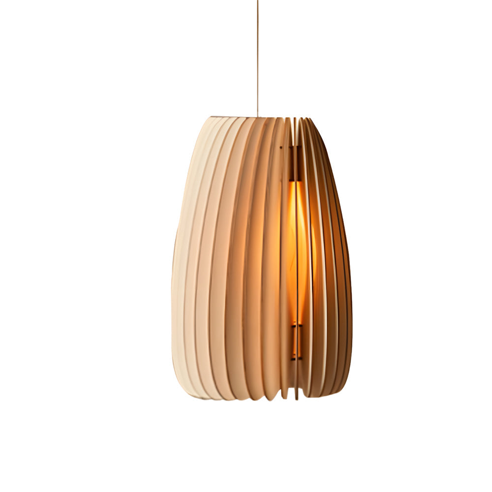 Wood slat pendant light dimensions, front view with size specifications.