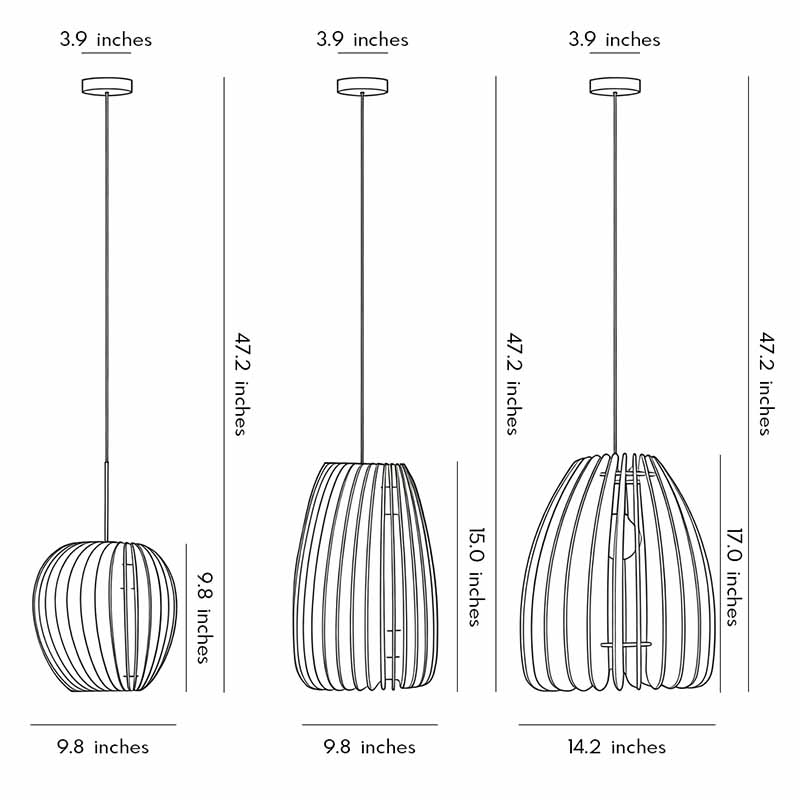 Line drawing of wood slat pendant light dimensions, providing installation specifications.