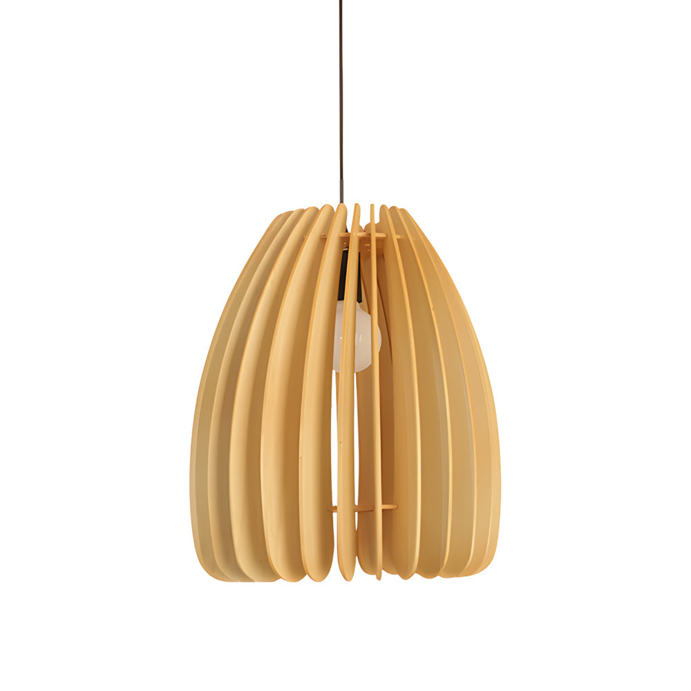Wood slat pendant light in natural wood, front view of the handcrafted design.