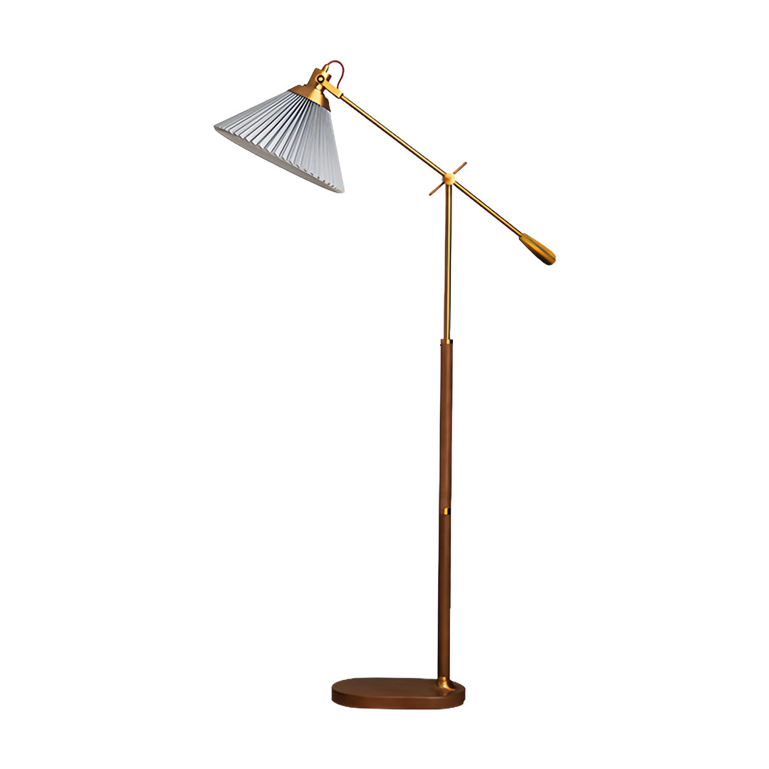 Modern small black pendant light featuring elegant floor lamp design with wooden base and brass accents