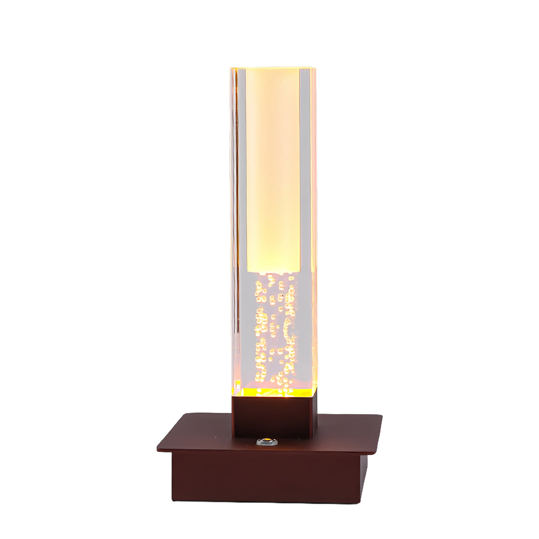 Modern small black pendant light featuring elegant wooden base with illuminated crystal tower design