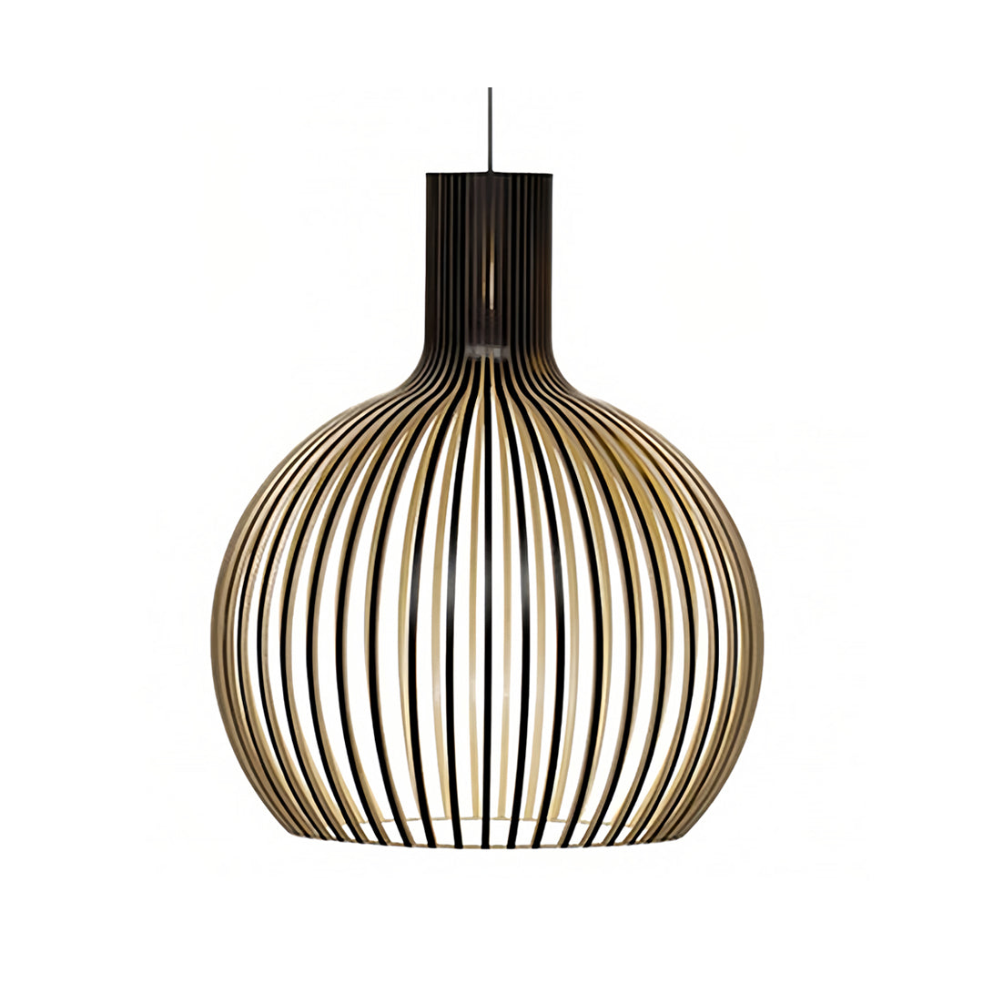 Modern wooden bird cage pendant light with black top, stylish and rustic indoor lighting fixture