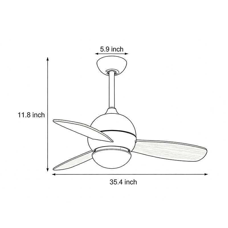 Technical diagram showing dimensions and structure of wooden blade ceiling fan with light models.