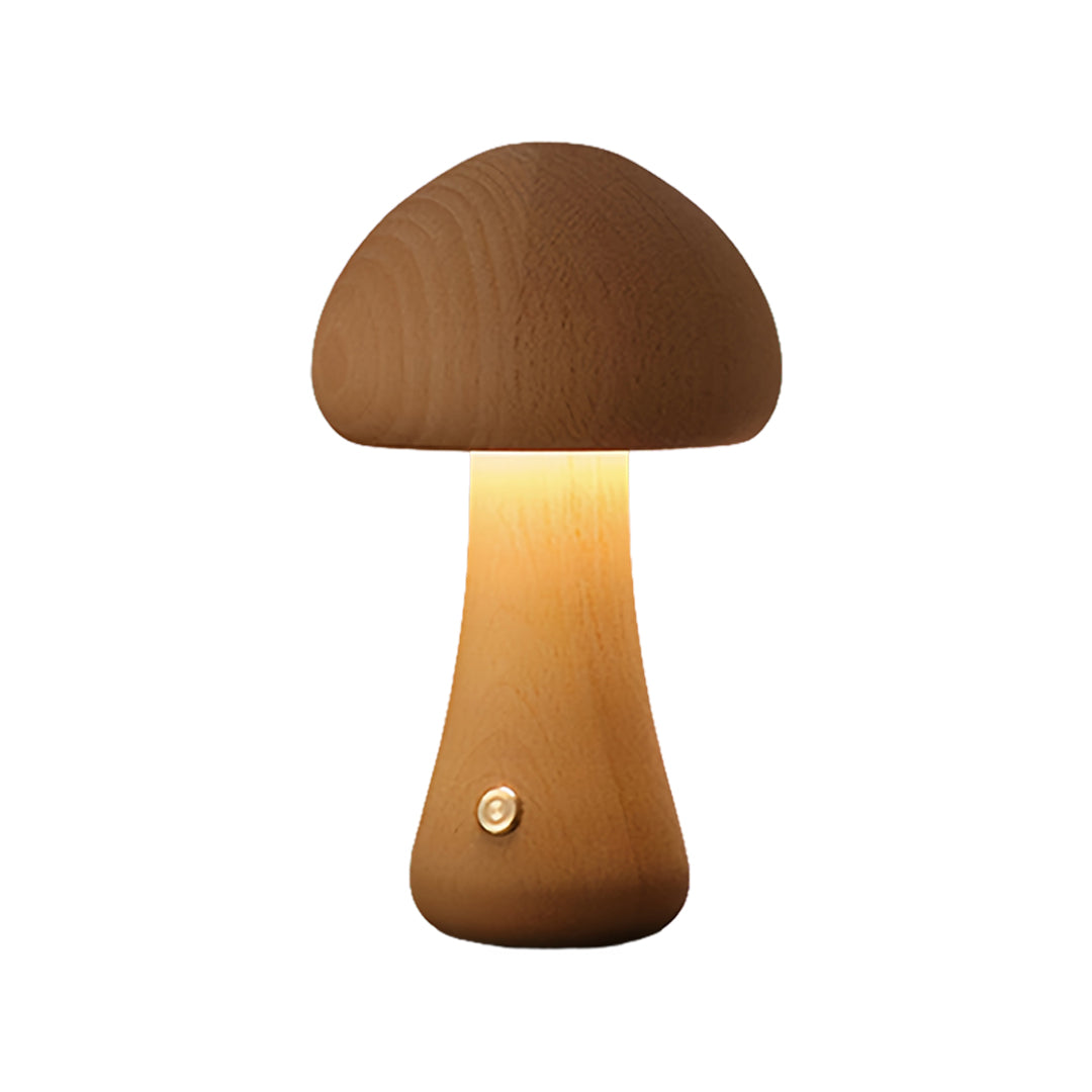 Modern mushroom lamp featuring warm wooden cap and glowing cream base for tabletop use