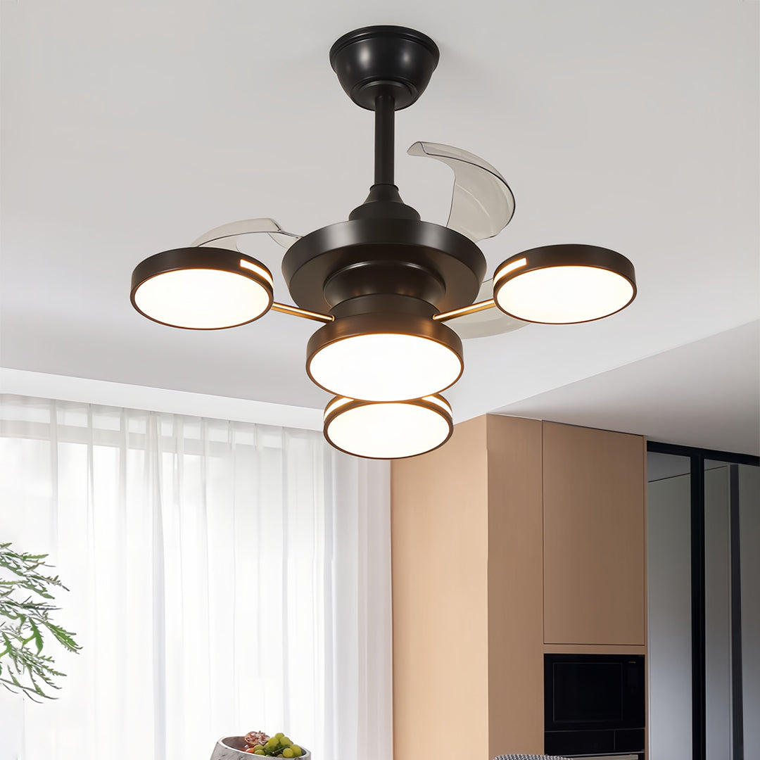 Wooden ceiling fans with four lights, blending natural aesthetics with functional lighting for cozy spaces
