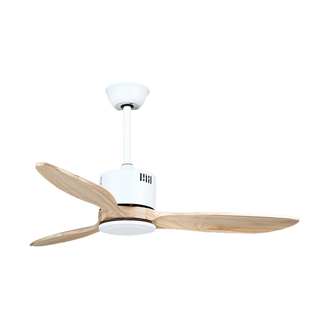 Elegant wooden ceiling fan with light in white finish outer shell with rich wood grain blades