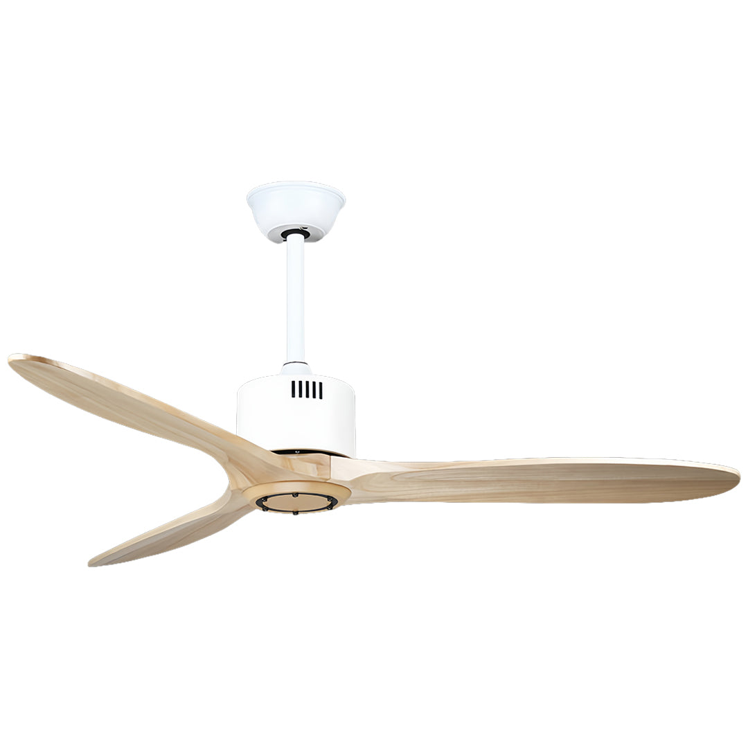 Elegant wooden ceiling fan in dark white finish outer shell with rich wood grain blades