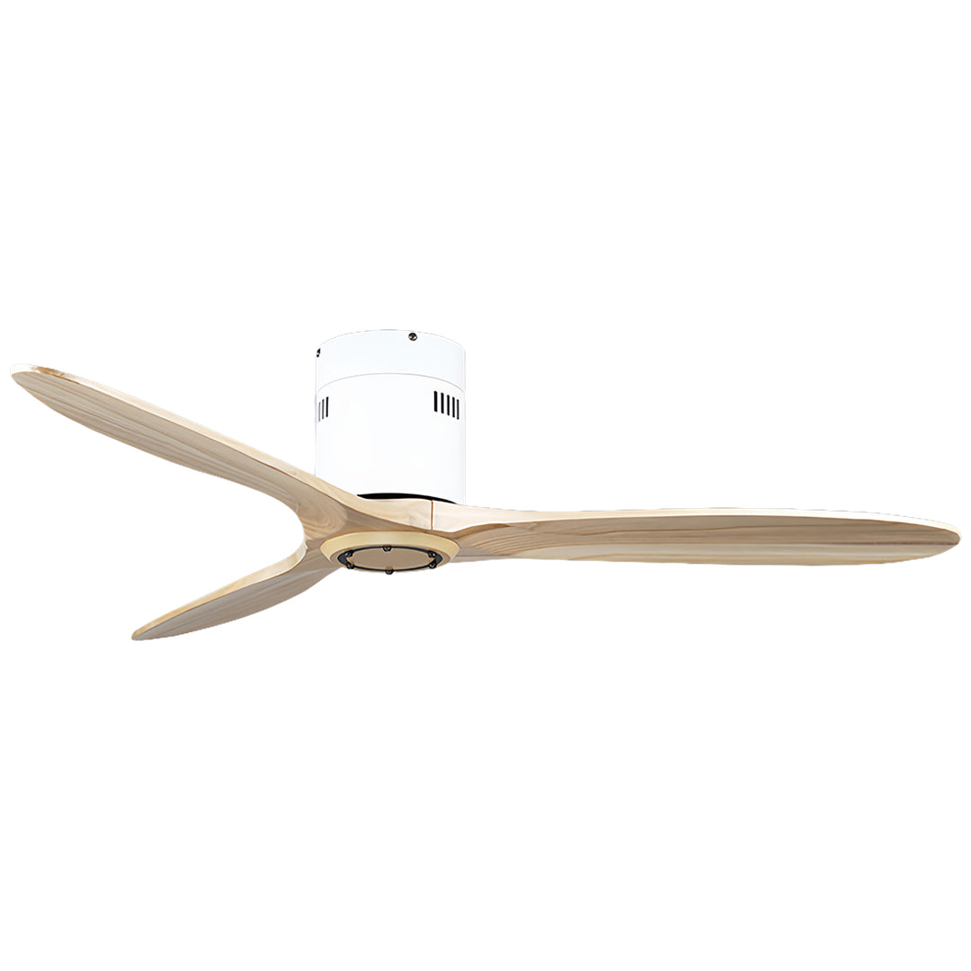 Elegant wooden ceiling fan in dark white finish with rich wood grain blades