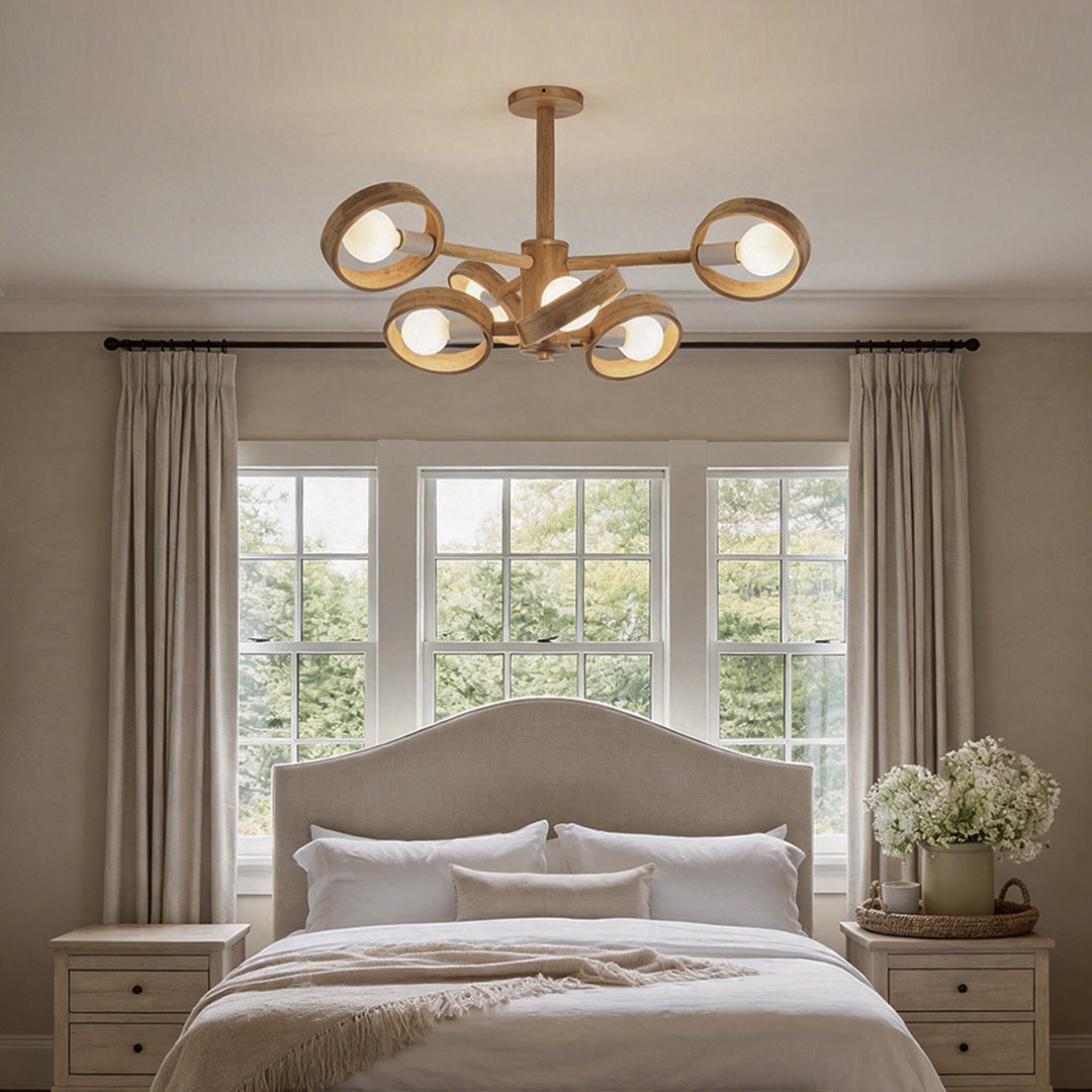 Wooden chandeliers with a close-up of its elegant wooden rings and warm light.