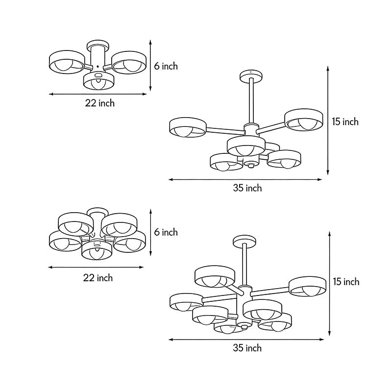 Technical diagram showing dimensions and structure of wooden chandeliers models.