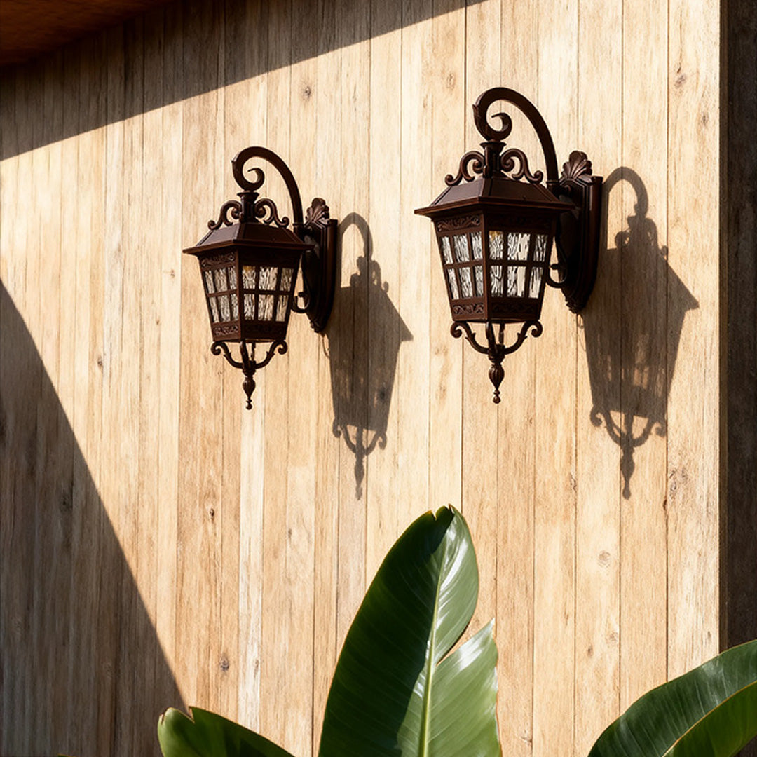 Outdoor patio wall lights on a wooden exterior, elegant and functional exterior lighting fixtures