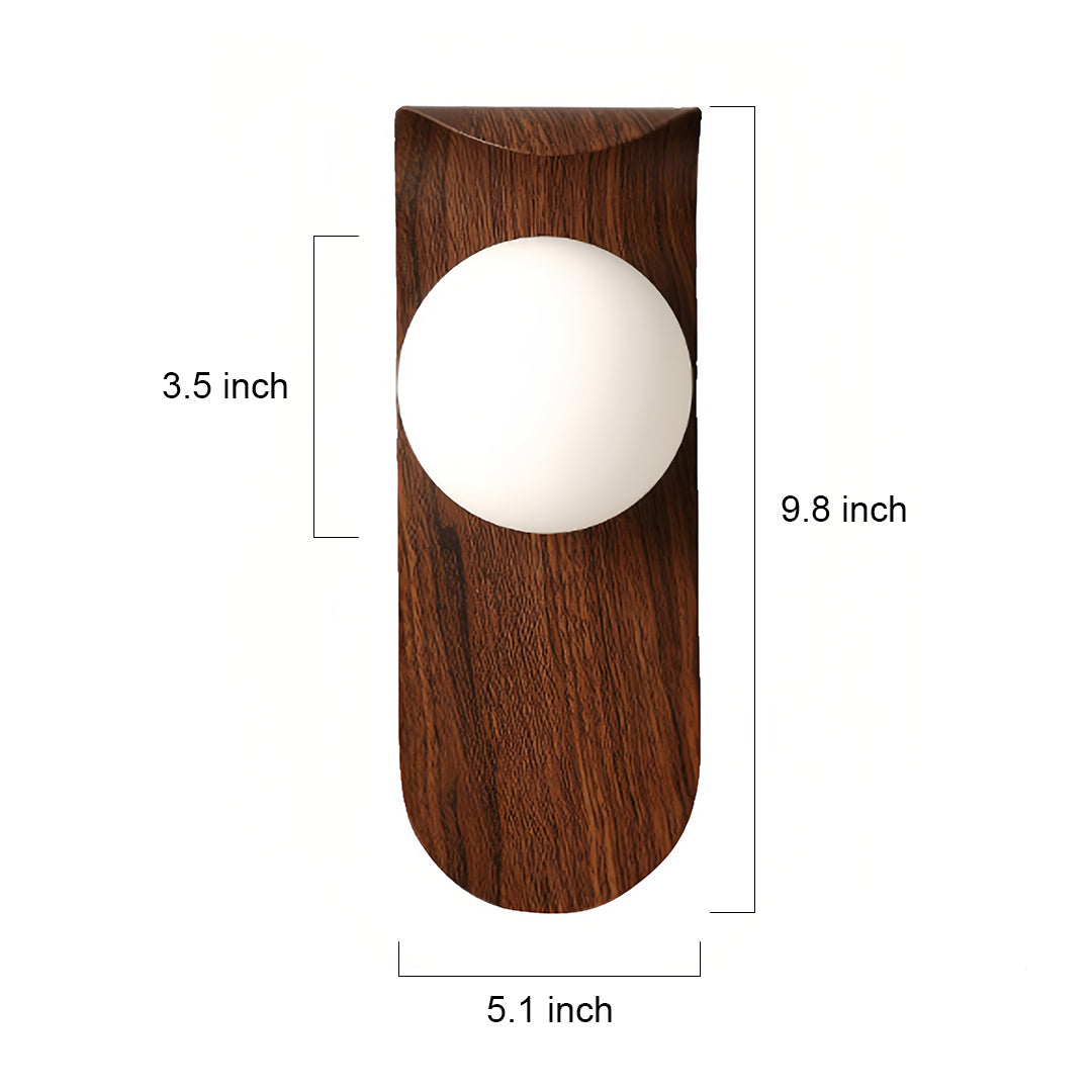 Wooden led lights for wall with white globe and natural wood finish showing dimensional specifications